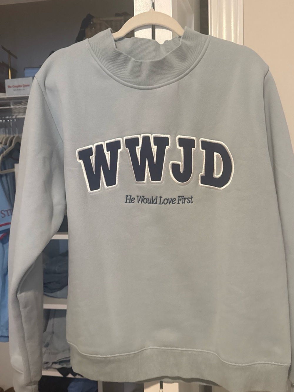 Parke Style WWJD Embroidered Light Blue Mockneck Sweatshirt